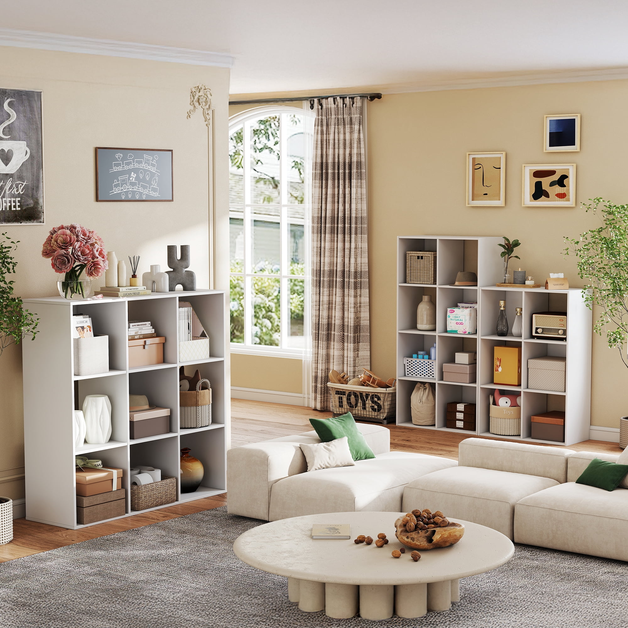 MCQ 9 Cube Storage Organizer, Open Bookshelf with 3 Removable Back Panels for Living Room, Bedroom, Home Office，36"L x 11.6"W x 36"H, White