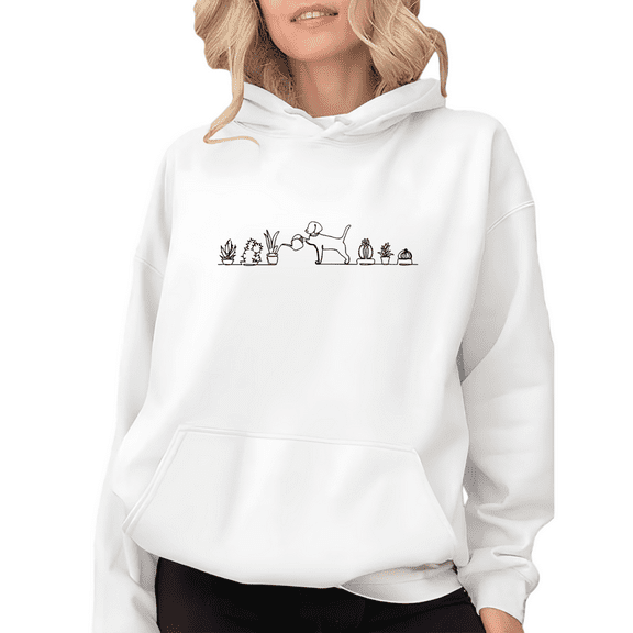 White Cat Succulent Line Art Graphic Sweatshirt Print hoodie S-2XL Tops