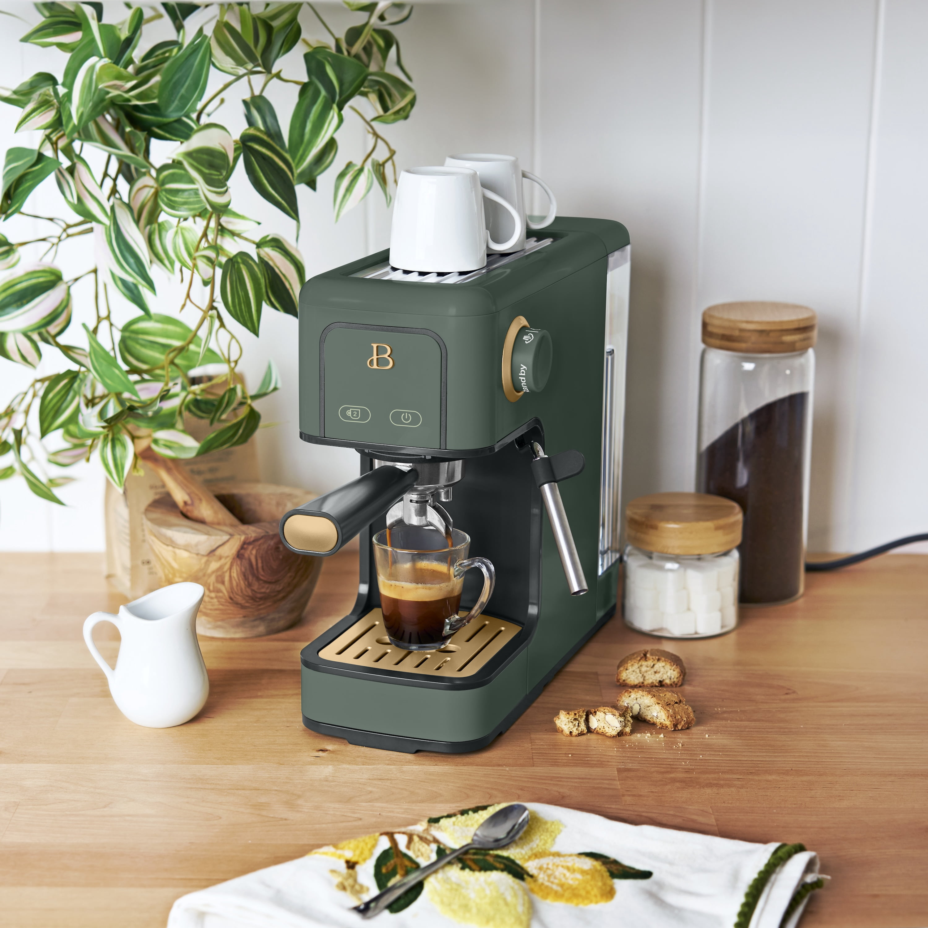Beautiful Slim Espresso Machine with 20-Bar Pressure, Thyme Green by Drew Barrymore