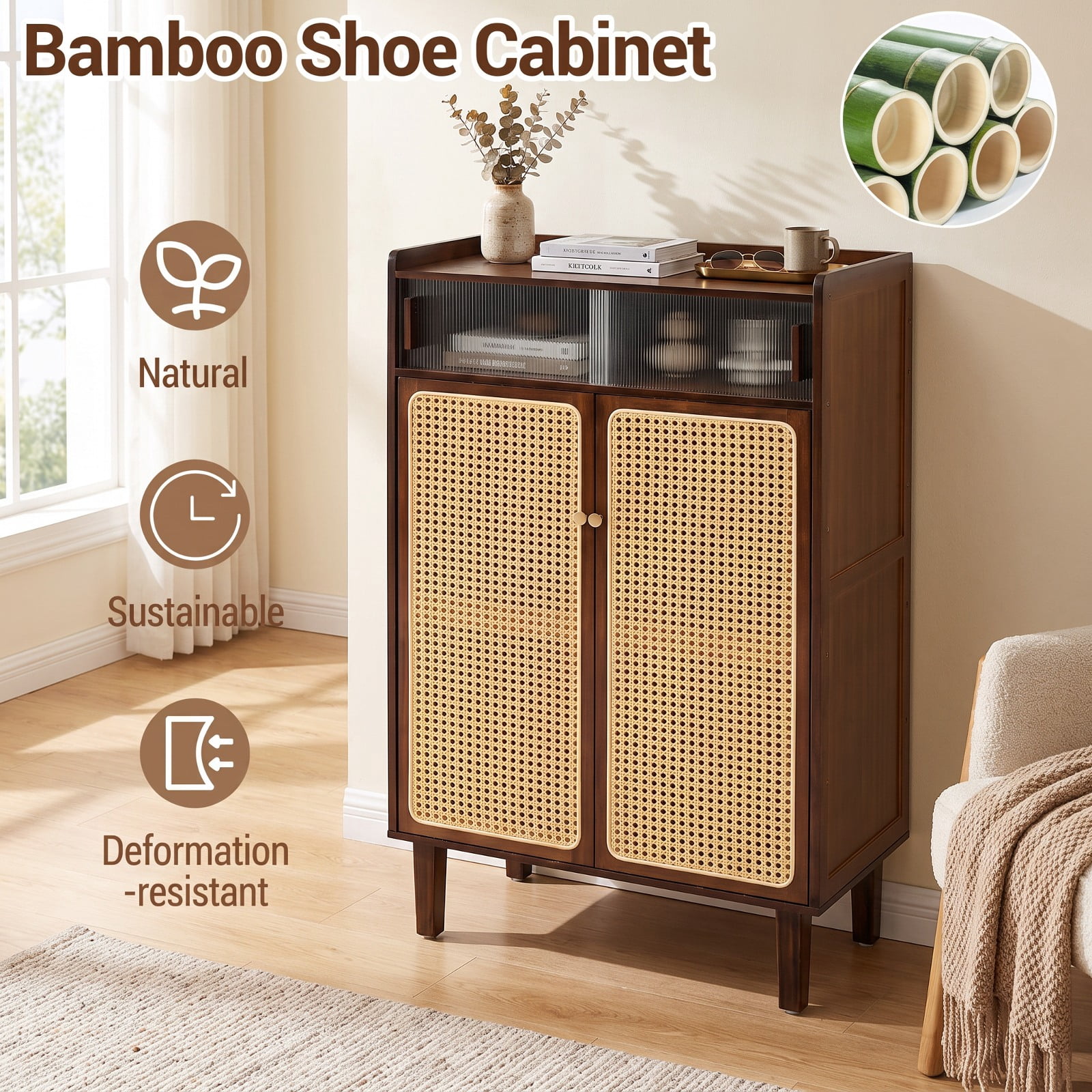 Furnibear 5 Tier Bamboo Shoe Storage Cabinet with Woven PE Rattan and See Through Sliding Doors for Entryway Hallway Closet, Walnut