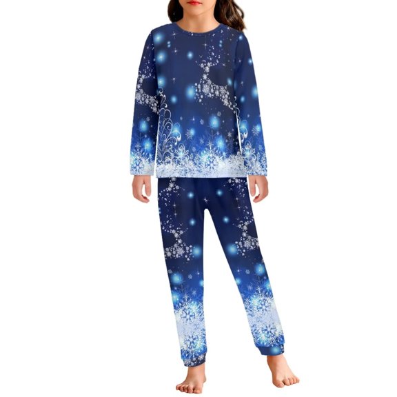 Renewold Leisure Blue Pajamas Set of 2 Reindeer Snowflake Scoop Neck Sweatshirt Elastic Waist Sweatpants Kids Christmas Casual Jogger Vacation Nightwear Size 3-4