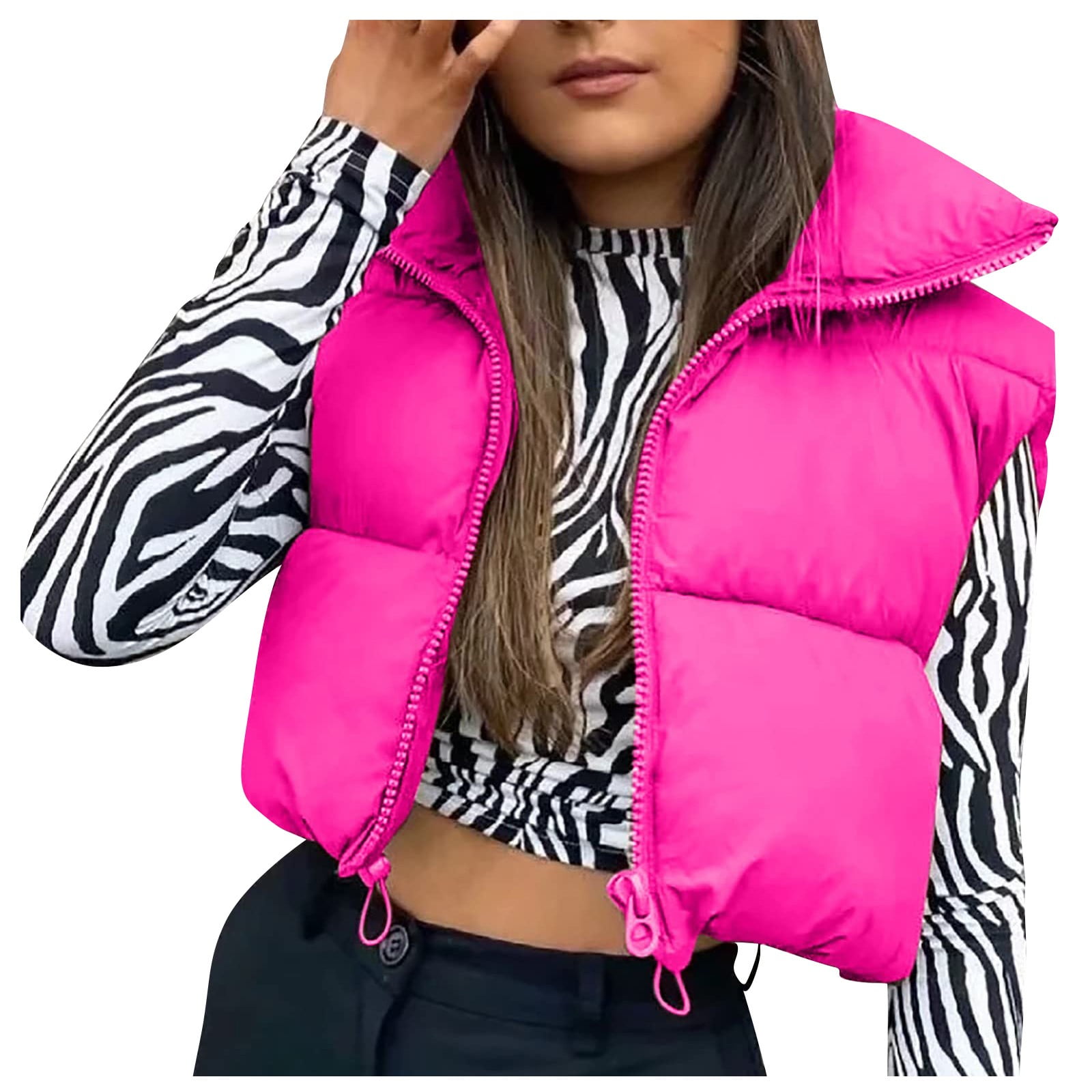 Sksloeg Womens Puffer Vests Bubble Zip Up Jackets Sleeveless Puffy Long Down Coats Outerwear Quilted Winter Plus Size Clothes Hot Pink XL Walmart