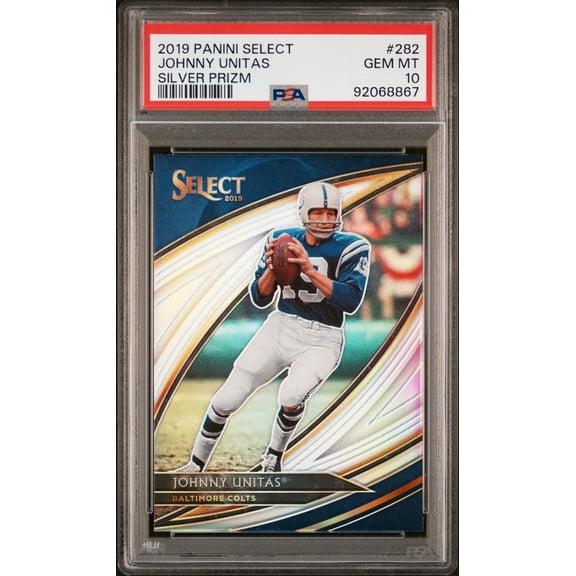 Johnny Unitas 2019 Panini Select Silver Prizm Football Card #282 Graded PSA 10