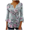 thumbnail image 2 of Aloohaidyvio 3/4 Sleeve Shirts for Women,3/4 Sleeve Boho Shirts for Women Vintage Floral Dressy Tunic Tops Casual Button Ruffle Sleeve Tees Blouses, 2 of 5