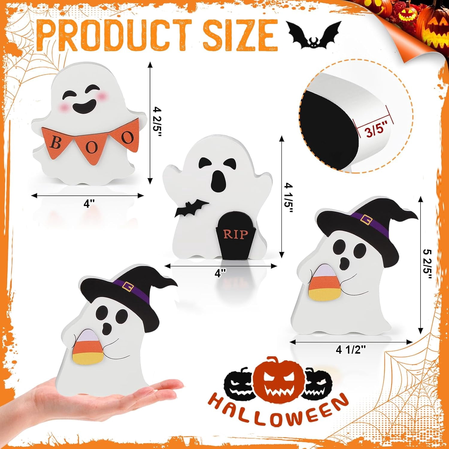 Set of 3 Wooden Ghost Tiered Tray Decorations Cute Halloween Table Decor