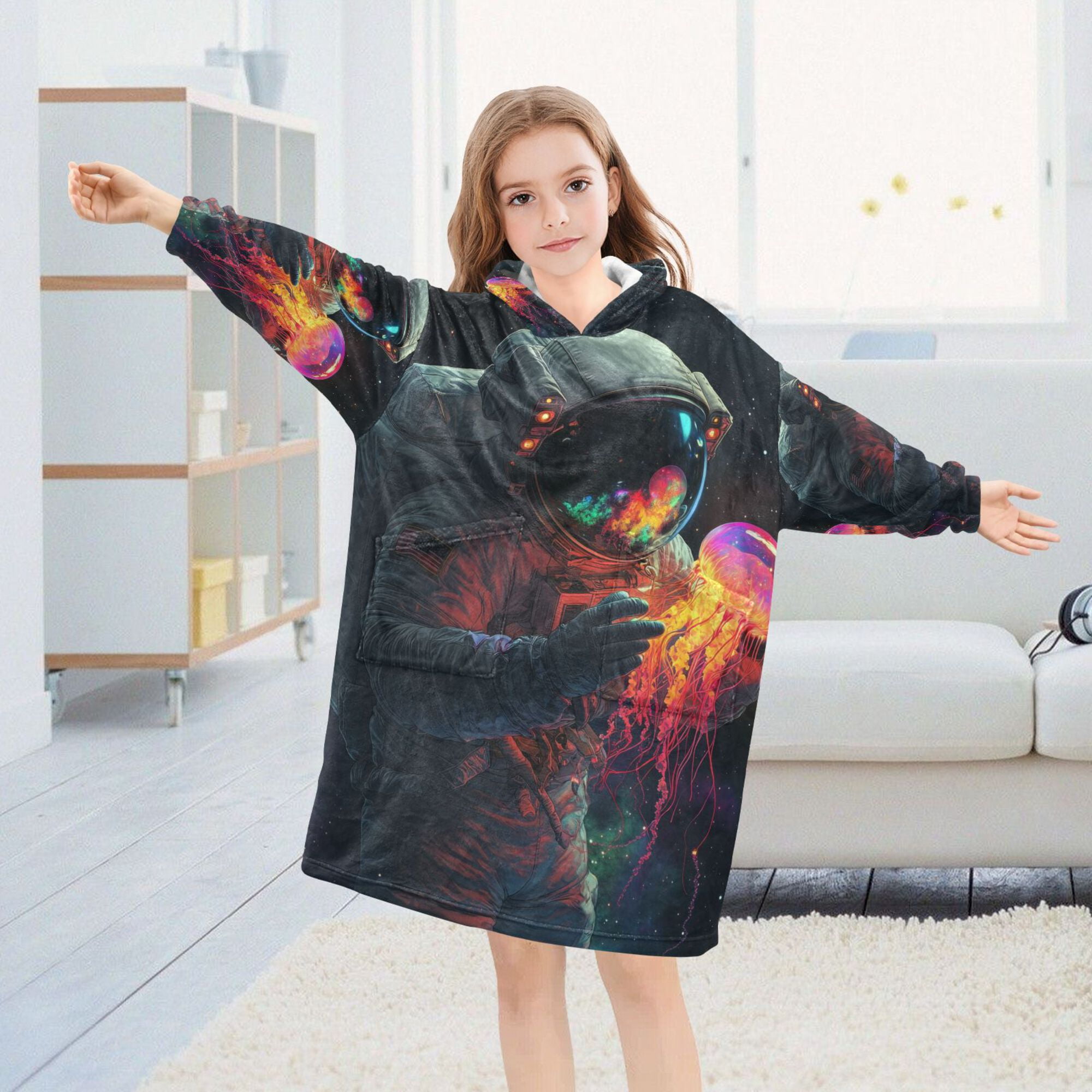 FORMRS Wearable Blanket Hoodie with Sleeves for Kids Cozy Flannel Sweatshirt, Black Astronaut