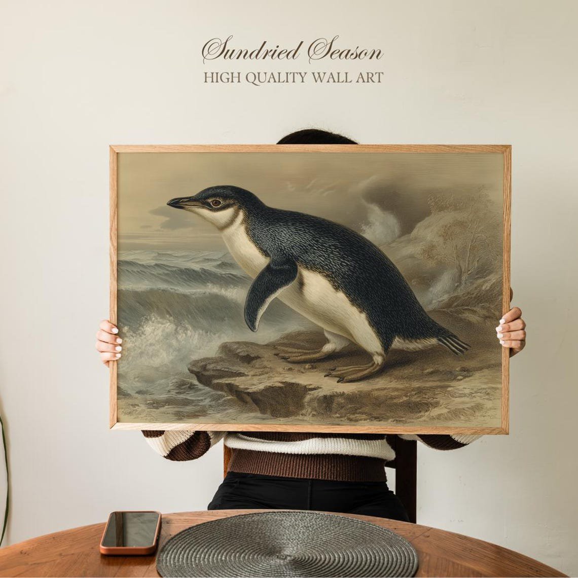 Little Penguin Vintage Coastal Bird Illustration Southern Australia Rustic Home Decor Office Wall Art