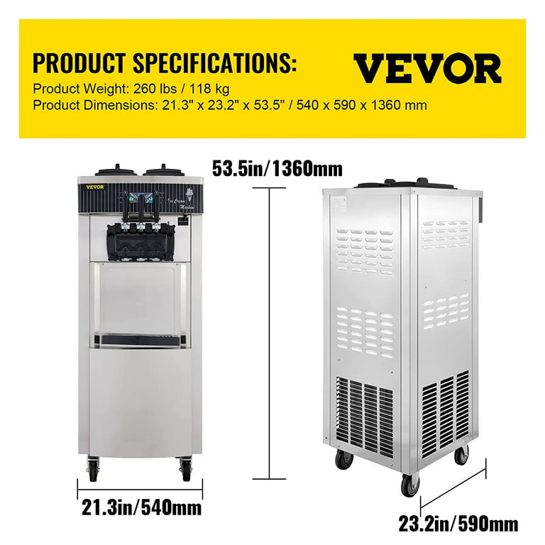 VEVOR 2200W Commercial Soft Ice Cream Machine 3 Flavors 5.3 to 7.4Gallons  per Hour Auto Clean LED Panel Perfect for Restaurants Snack Bar  supermarkets