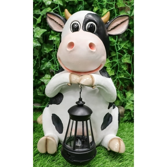 Ebros Gift 14" Holstein Cow Resin Garden Statue Holding LED Lantern Light, Solar UV Resistant