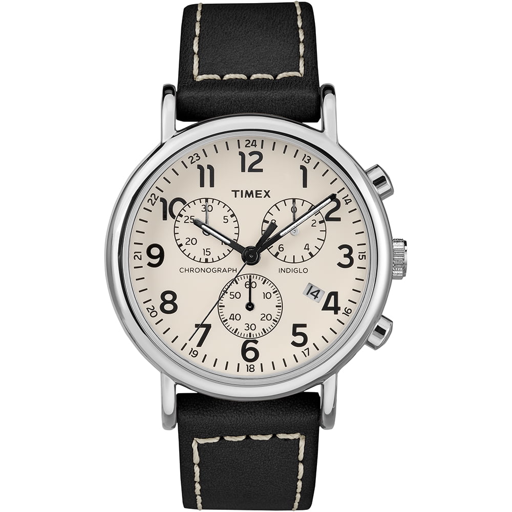 Timex - Timex Men's Weekender® Chronograph 40mm Watch - White Dial/Black Leather Strap - Walmart