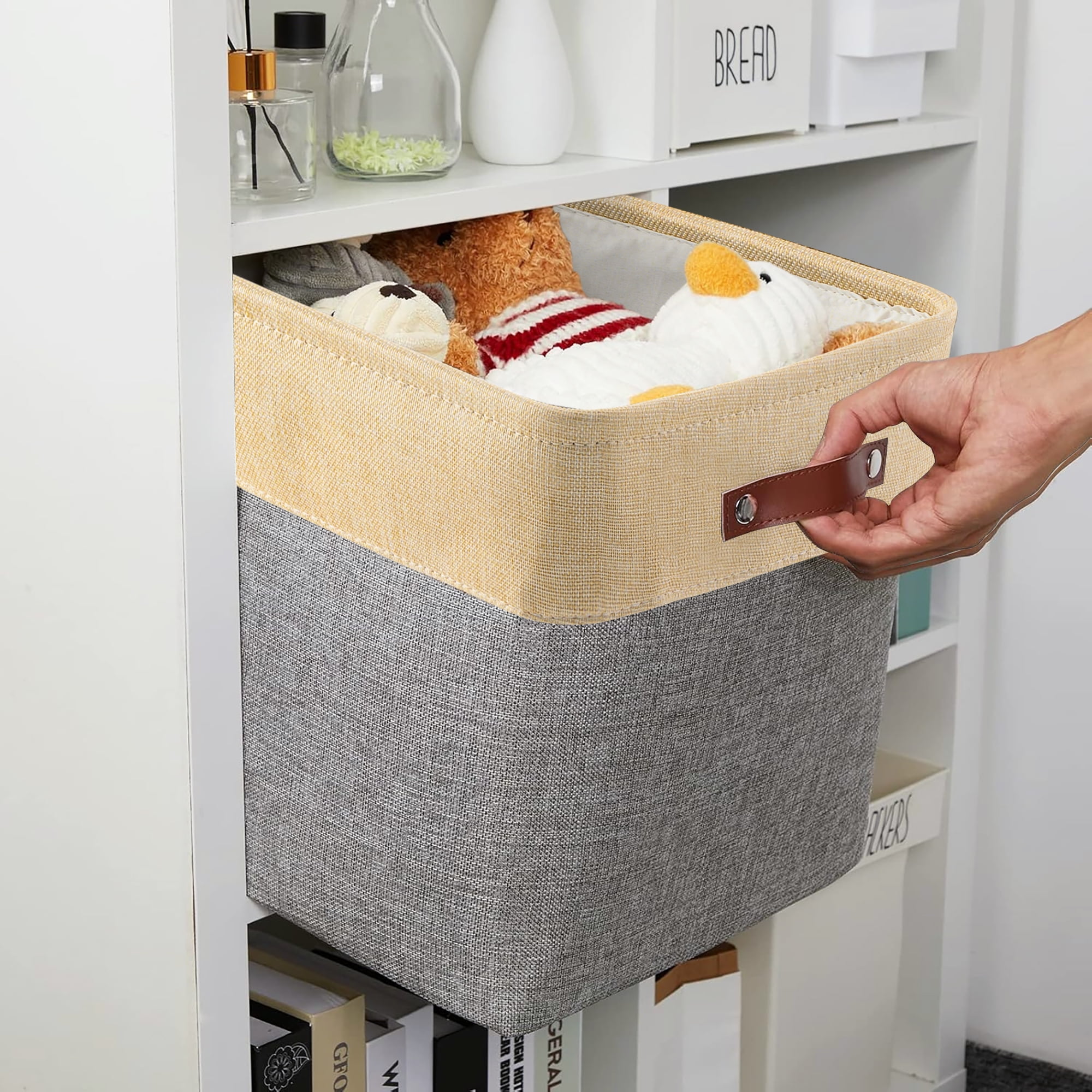 Tegance 13x13 Storage Cubes Baskets 4 Pack Fabric Cube Storage Bins Large Storage Baskets with Leather Handles,Decorative Storage Boxes for Organizing Shelves(GoldGrey)
