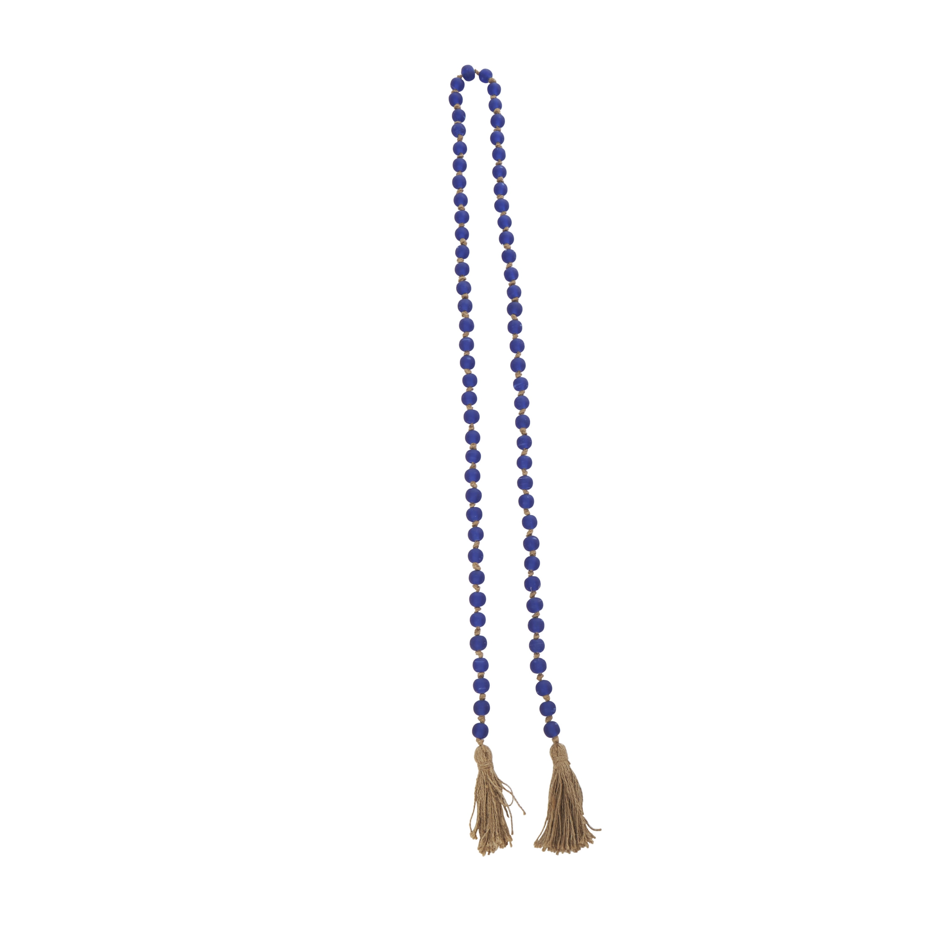 DecMode Handmade Round Long Frosted Beaded Blue Glass Garland with Tassel with Knotted Brown Jute