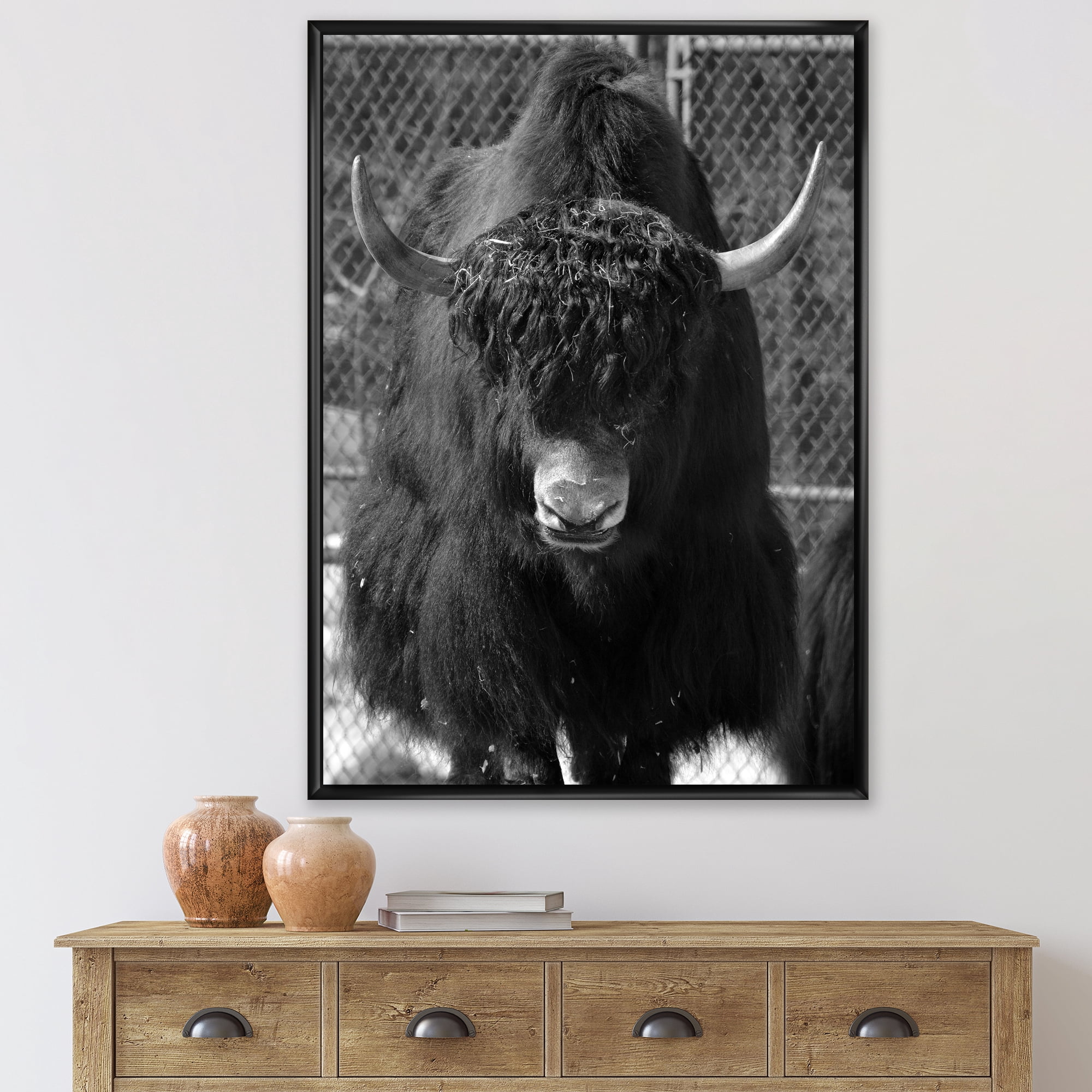 Portrait Of Monochrome Wild Bull In Winter Forest II 12 in x 20 in Framed Photography Canvas Art Print, by Designart