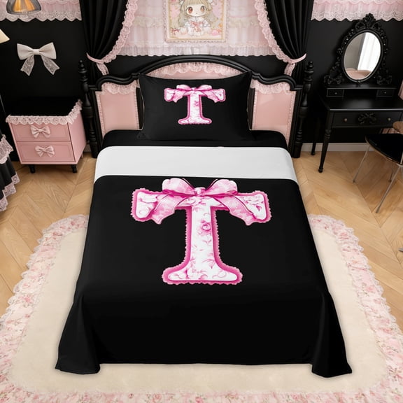Erosebridal Floral Bow Letter T Twin Sheet Sets for Girls, Pink Initial Ribbon Bedding, 3pcs