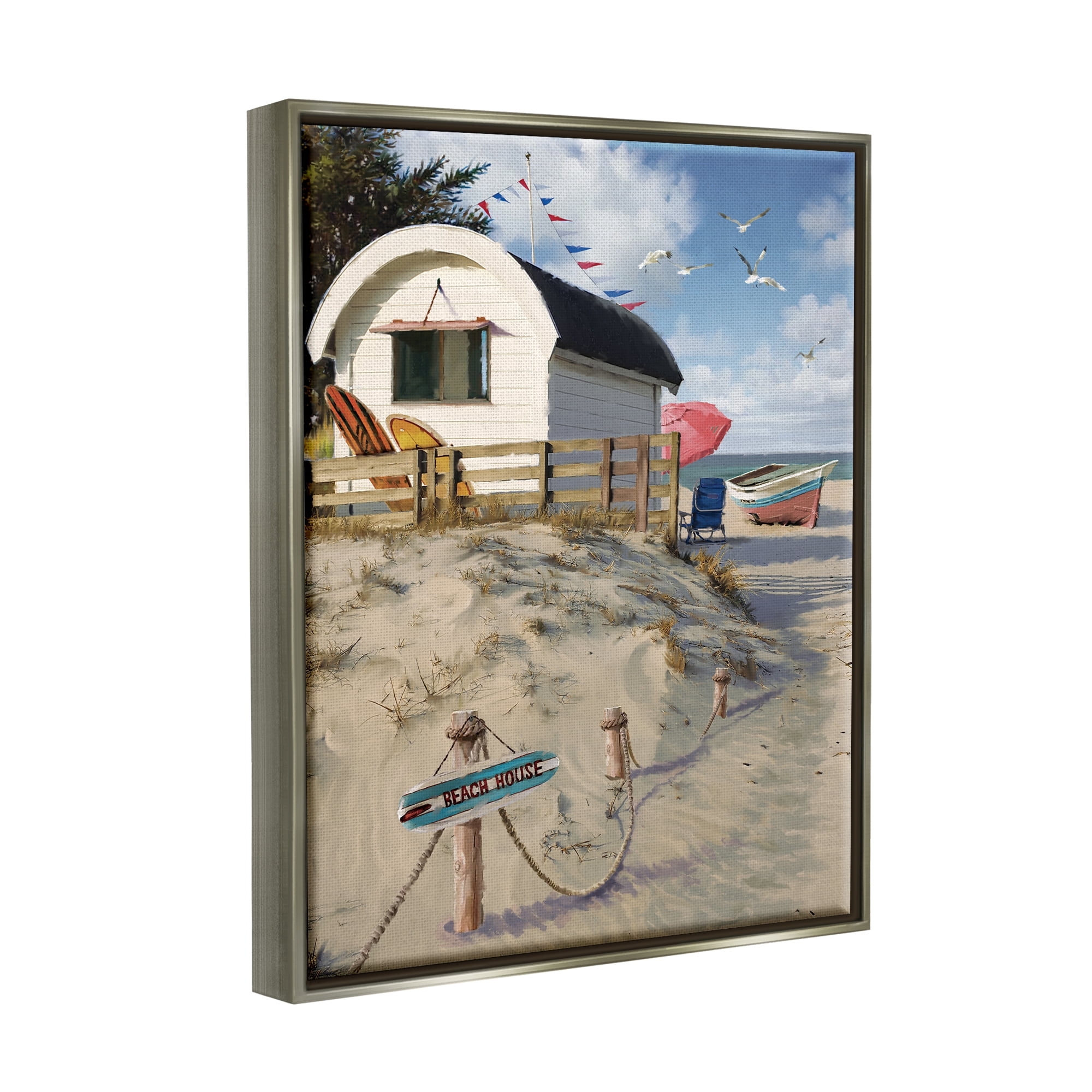 Stupell Industries Beach House Landscape Landscape Painting Gray Floater Framed Canvas Art Print Wall Art, 17 x 21