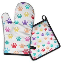 Colorful Dog Paw Footprint Kitchen Oven Mitt and Pot Holder Sets 2 Pcs for Baking, Cooking and Grilling, Heat Resistant Up To 392 °F
