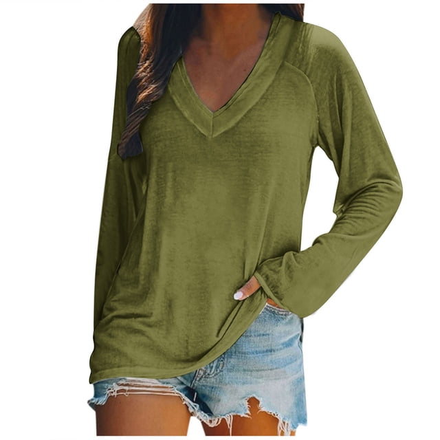 AherBiu Womens T Shirts V Neck Loose Fitted Long Sleeve Basic Tee Oversized Comfy Fall Tops Solid Color