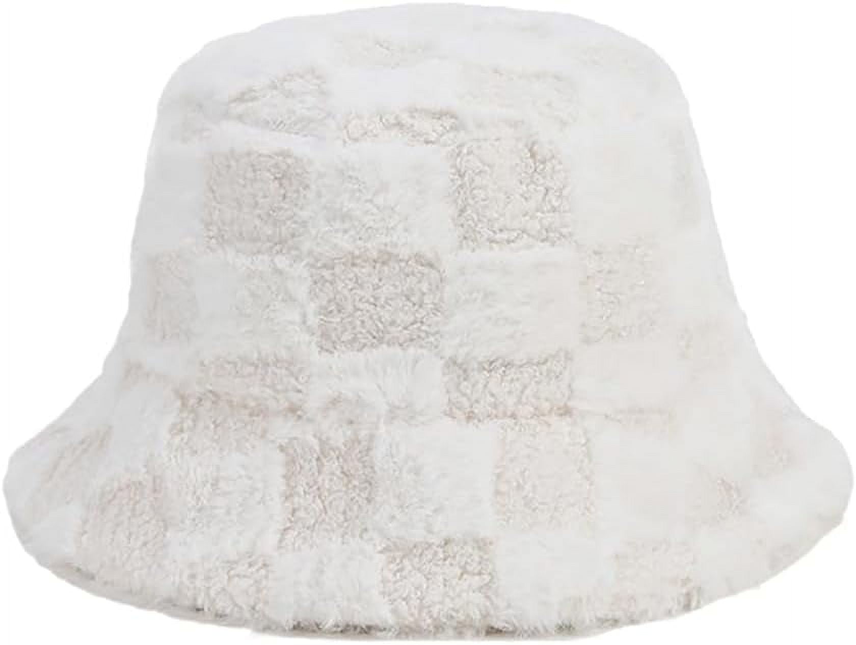 Kukuzhu Women Winter Faux Fur Plaid Bucket Hat Fuzzy Warm Stylish