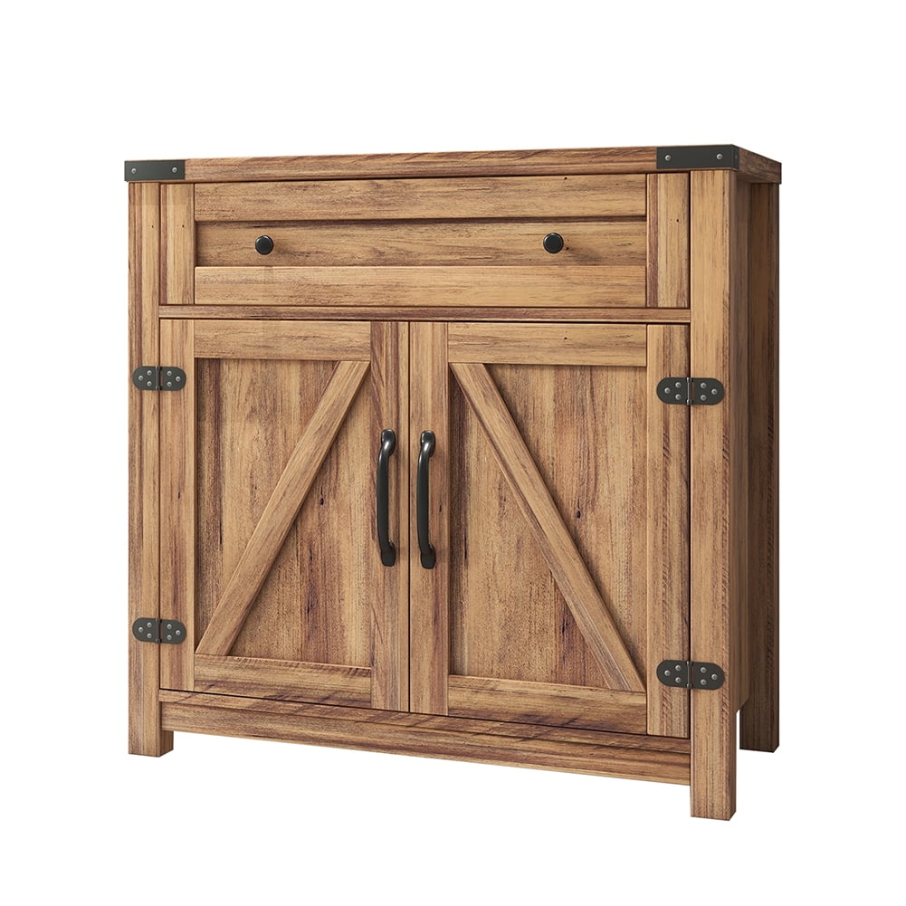 Kadyn Modern Farmhouse Double Barn Door Accent Cabinet, Wood Kitchen Storage Cabinet for Living Room, Entryway Storage Cabinet with Drawer, Light Brown