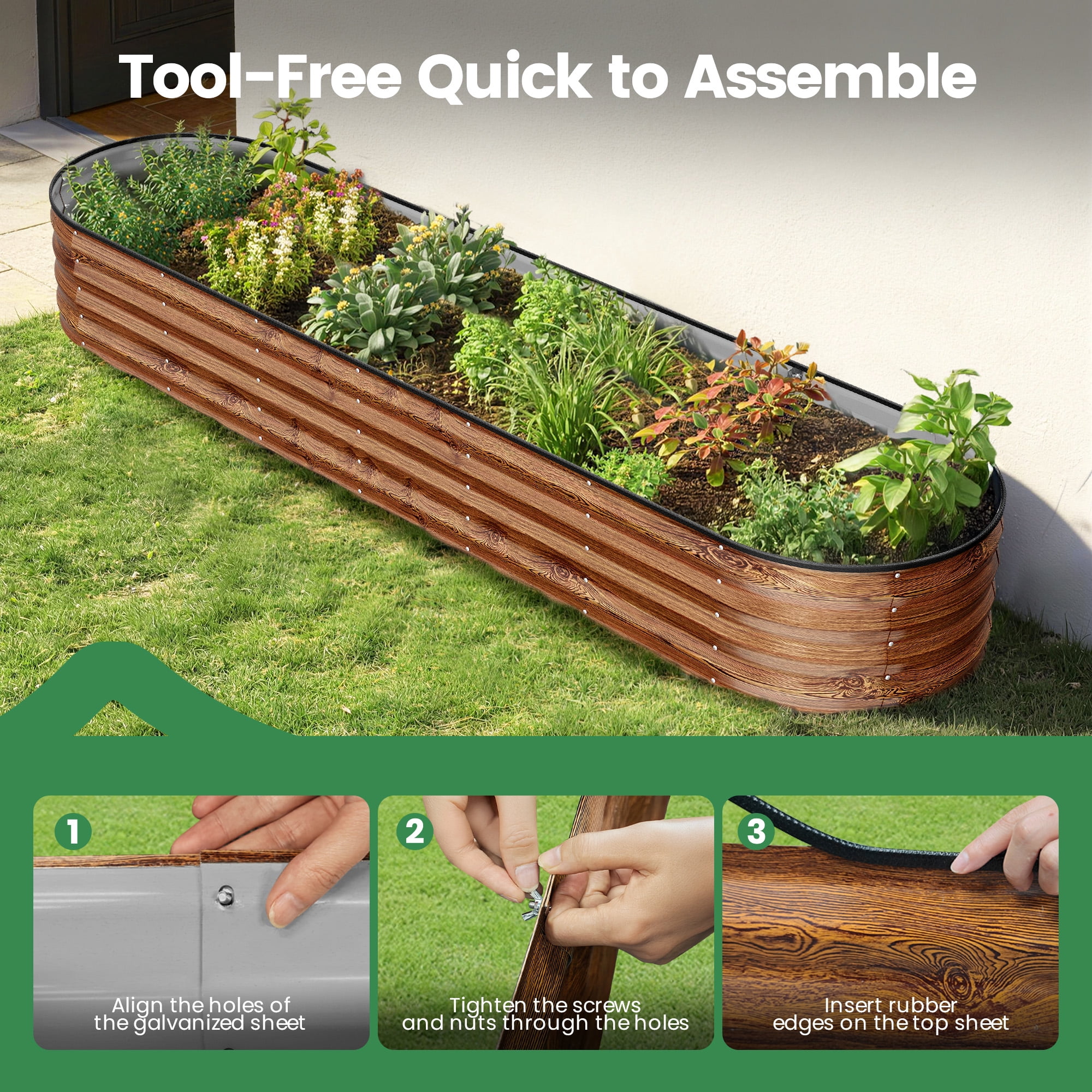 GVDV Raised Garden Bed Outdoor, 8x2x1ft Backyard Large Metal Raised Bed with Garden Trelli & Plant Markers, Planter Raised Garden Boxes for Vegetables, Flower, Herbs - Brown