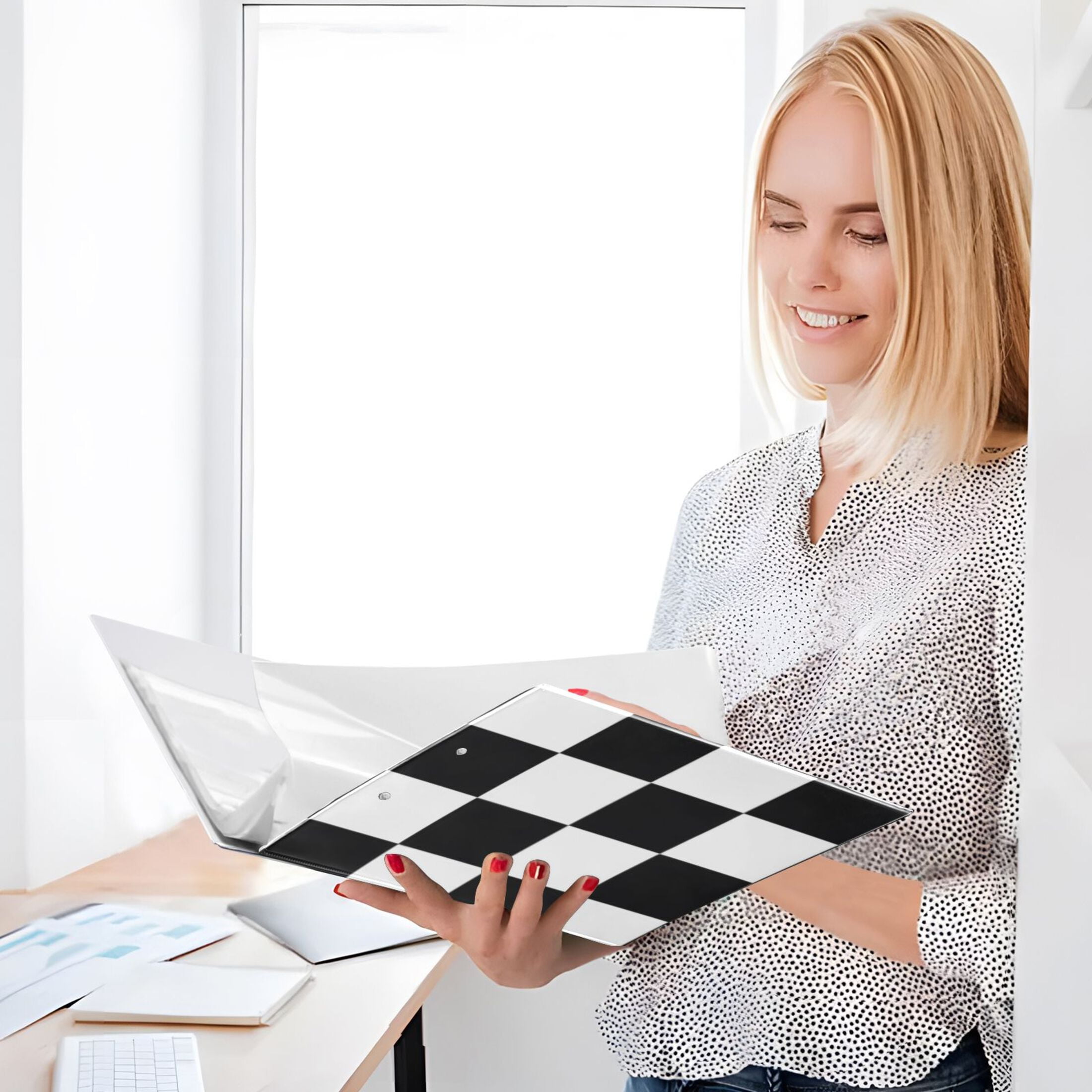 Black White Checkerboard 3 Ring Binders 1.5 inch Hardcover File Folders with Interior Pockets A4 Size Organizer for School Office Hospital