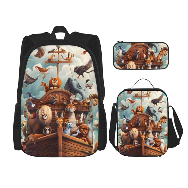 Vsdgher Animal Filled Noahs Ark Print Large Capacity Backpack Lunch Bag Pencil Case Combination 3 Piece Set for Student