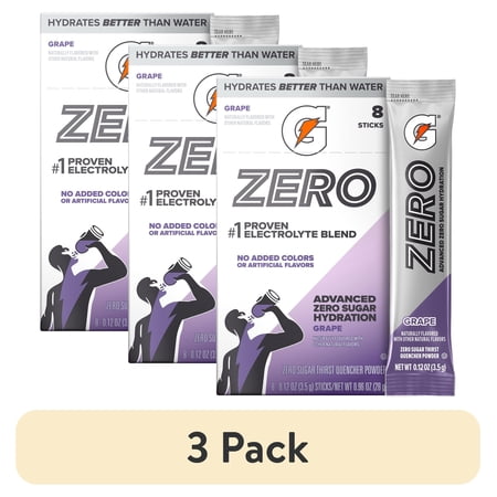 (3 pack) Gatorade Zero Sugar Grape, On the Go Packs, Electrolyte Powder Drink Mix, 0.12 oz, 8 sticks