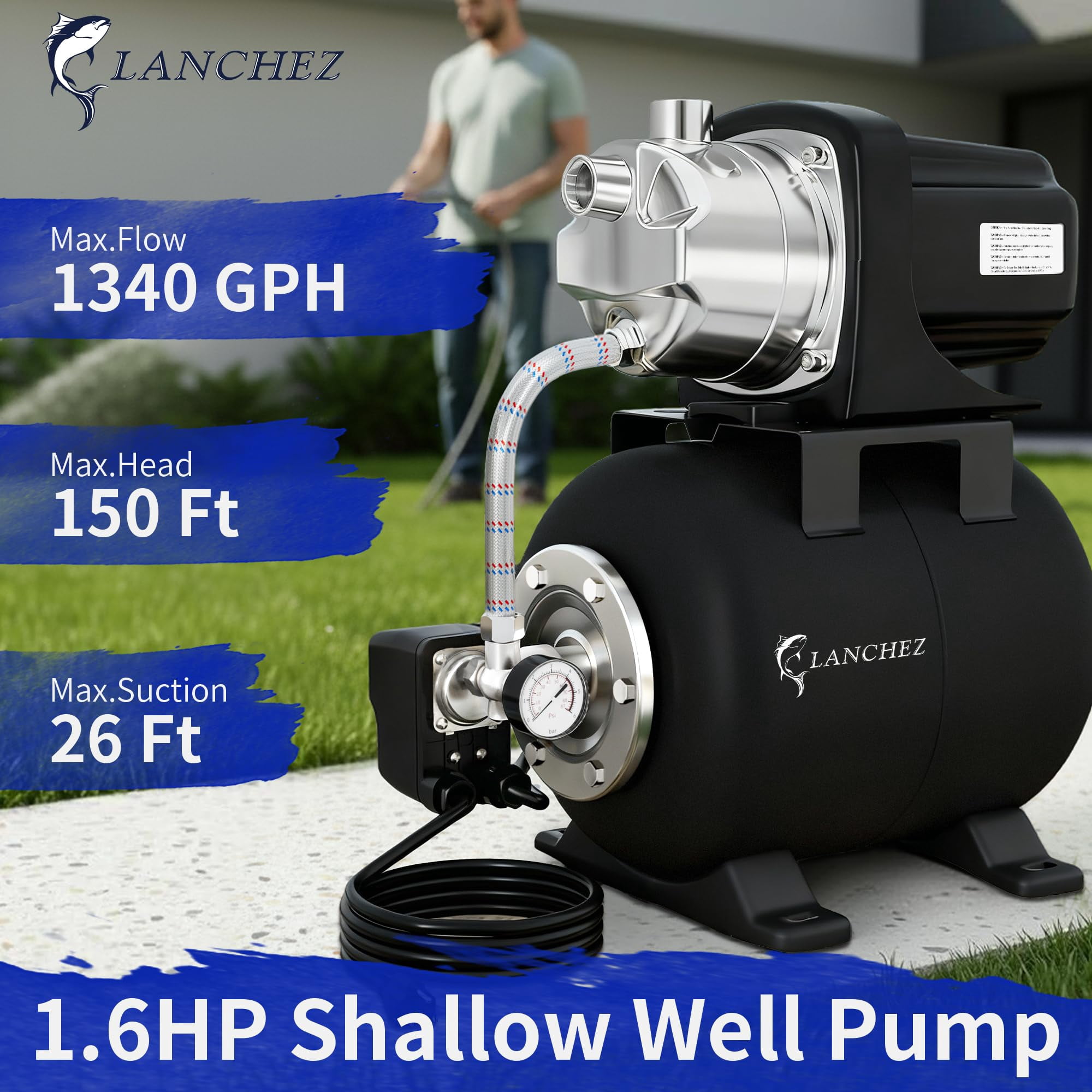 LANCHEZ 1.6 HP Shallow Well Pump with 5 Gallon Tank, 1340 GPH 115V Stainless Steel Water Booster Jet Pump for Garden Irrigation