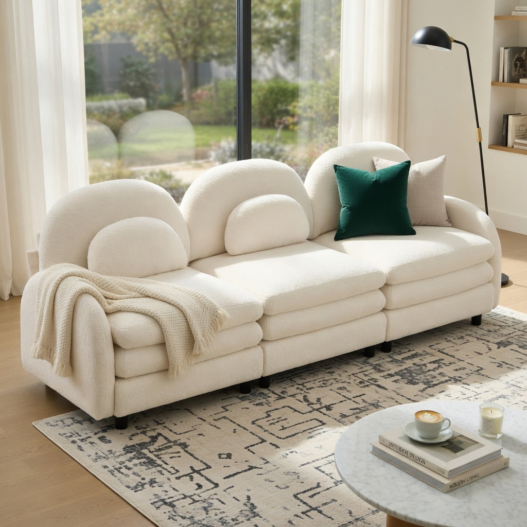 Hommoo Teddy Fleece 3-Seat Modular Sofa Set, Cloud-Like Softness, Curved Backrest & Lumbar Support, 3-Seater Couch with Double-Layer Cushions, Beige