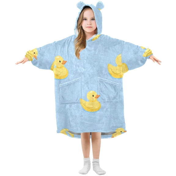 Cute Yellow Rubber Ducks Blue Background Flannel Wearable Blankets Hooded Design Long Sleeves Wrap Unisex for 3T-14Y S