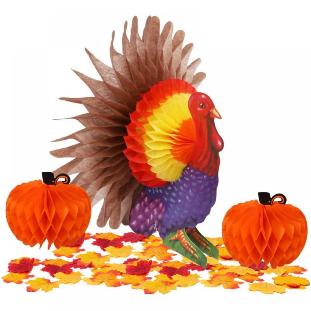 3 Pack Thanksgiving Table Decorations Tissue Turkey and Pumpkin, with 100 Pcs Artificial Maple Leaves, Honeycomb Decor Thanksgiving Centerpiece Party Accessory Table Supplies
