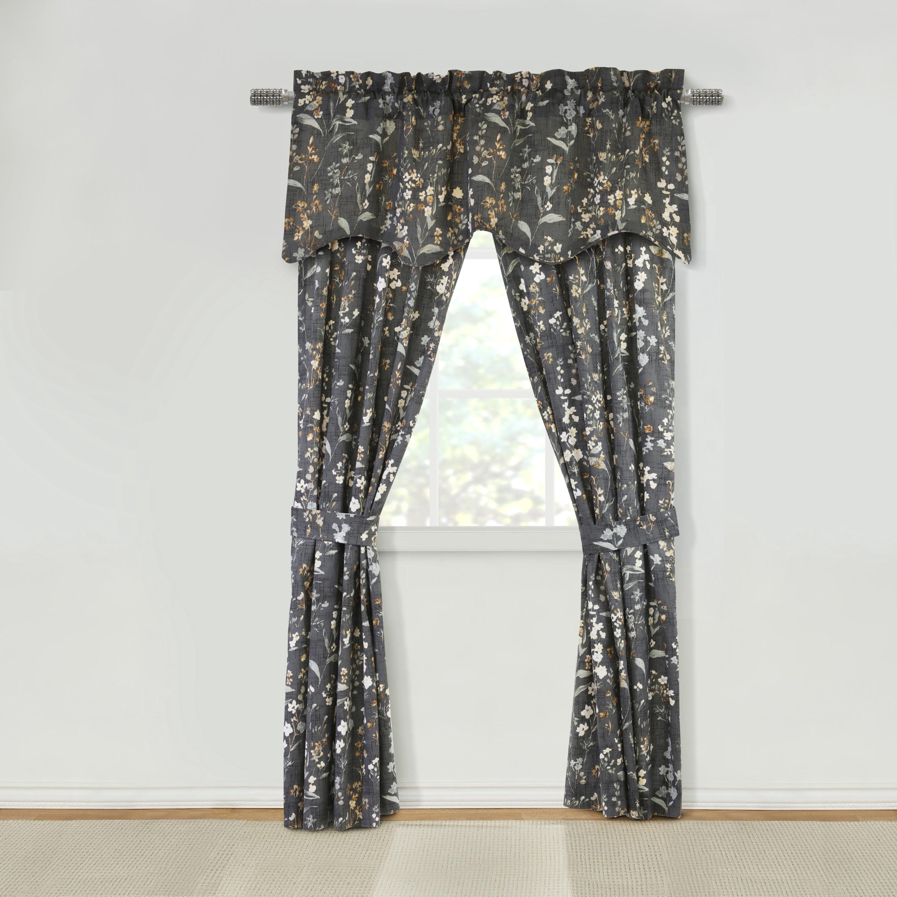 Rosie Textured Cotton Floral Print Curtain Panel - Pair each 50" x 84" in Dark Grey