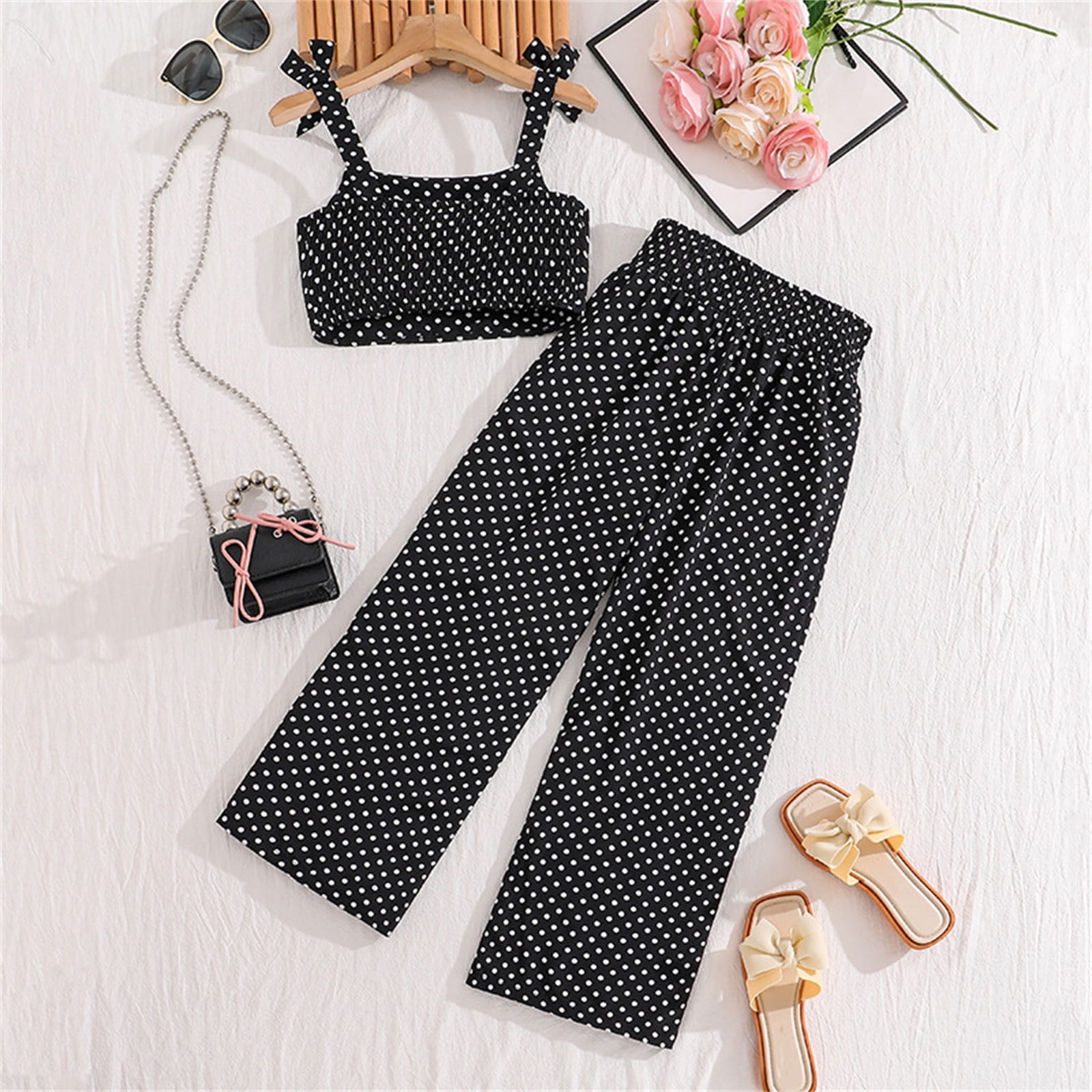 REDARER Girls Summer Outfit Polka Dot Bow Knot Sleeveless Tank Top High Waist Wide Leg Pants Set,7-8 Years