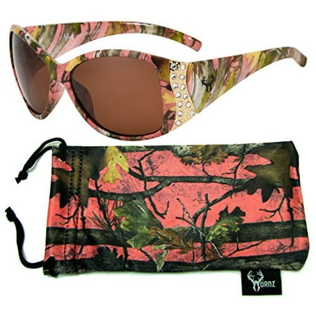 Hornz Pink Camouflage Polarized Sunglasses for Women Rhinestone Accents & Free Matching Microfiber Pouch - Pink Camo Frame - Amber Lens