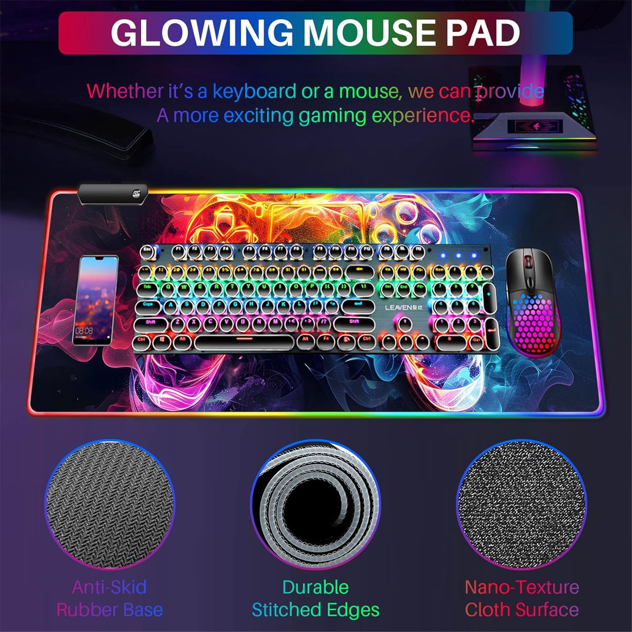 XL Led Gaming Mouse Pad with 14 Light Modes - Light Up Gamer Mouse Pad,31.5 x 11.8in Non-Slip Gamepad Style RGB Large Gamer Mousepad,Black Long Glowing Gaming Accessories for Desk,Waterproof