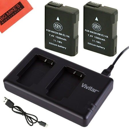 BM Premium 2-Pack ENEL14, EN-EL14, EN-EL14A Battery and USB Dual Battery Charger Kit for Nikon Coolpix P7000, P7100, P7700, P7800, D3100, D3200, D3300, D5100, D5200, D5300, D5500, DF  SLR (Best Battery For Dual Battery Setup)