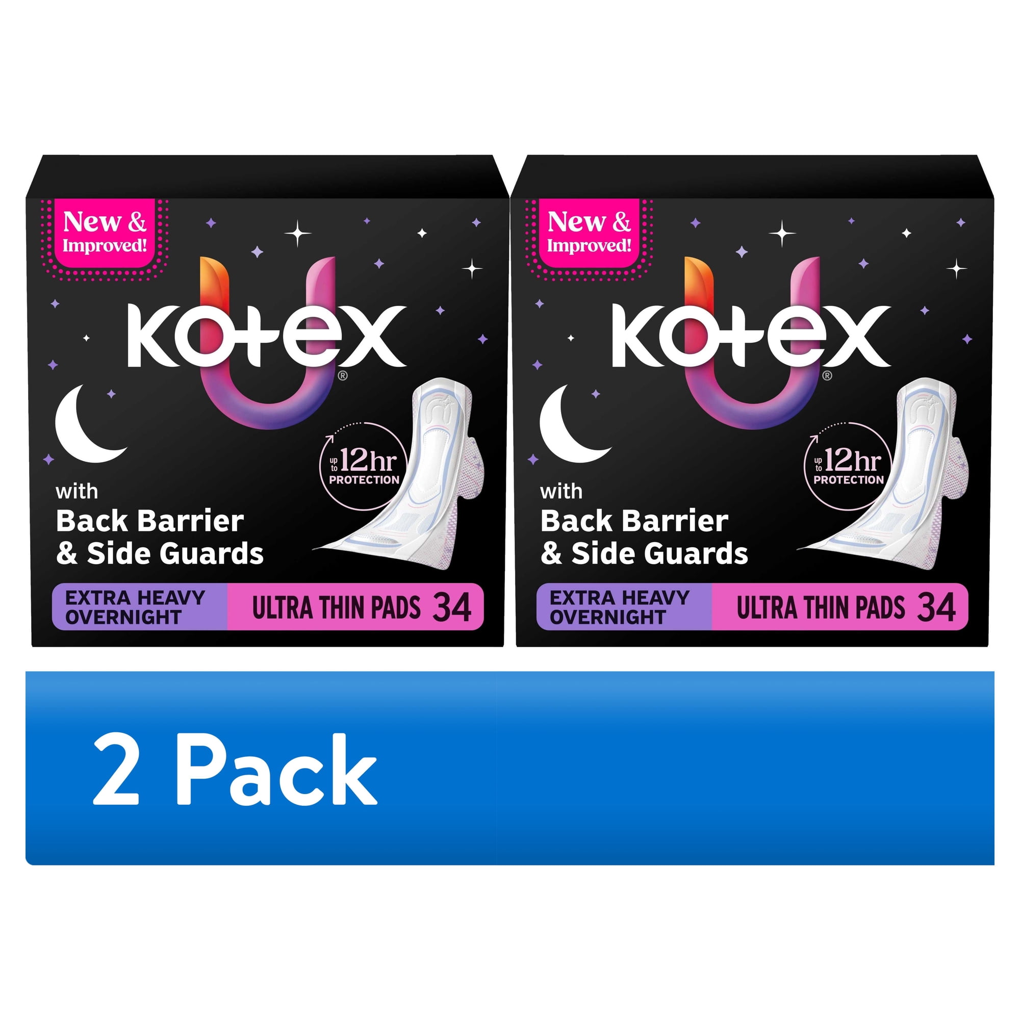 (2 pack) Kotex Ultra Thin Overnight Period Pads with Wings, Extra Heavy Absorbency, 34 Count