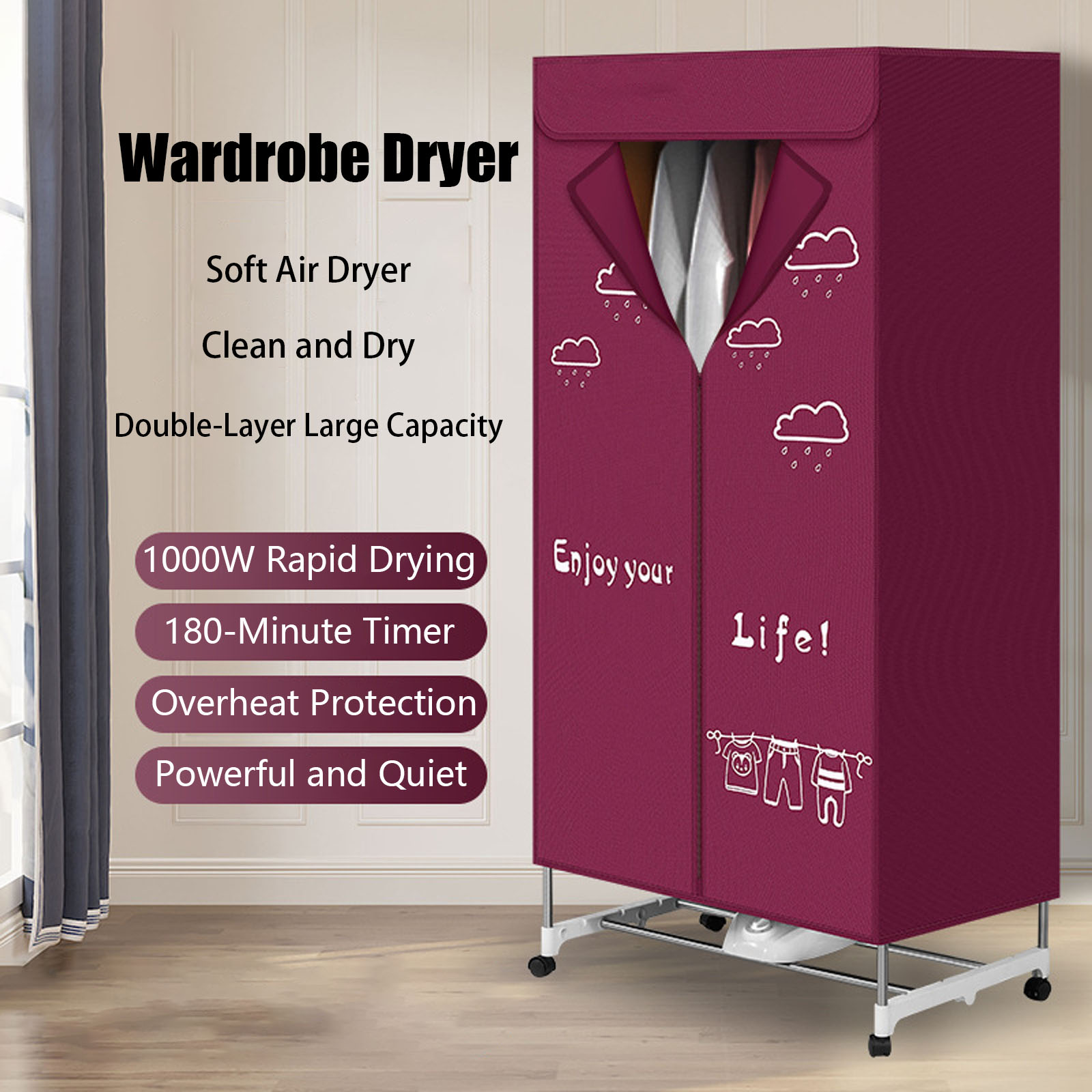 Electric Clothes Dryer, 110V 1000W Portable Clothes Dryer with Timer,  Double Layer Stackable Drying Machine, Stainless Steel Drying Rack, Portable Laundry Dryer for Apartments, RV, Home, Campers