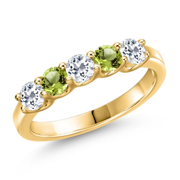 Gem Stone King 18K Yellow Gold Plated Silver White Topaz and Green Peridot Wedding-Bands Ring for Women | 1.06 Cttw | Round 3.5MM | Gemstone November Birthstone | Size 7