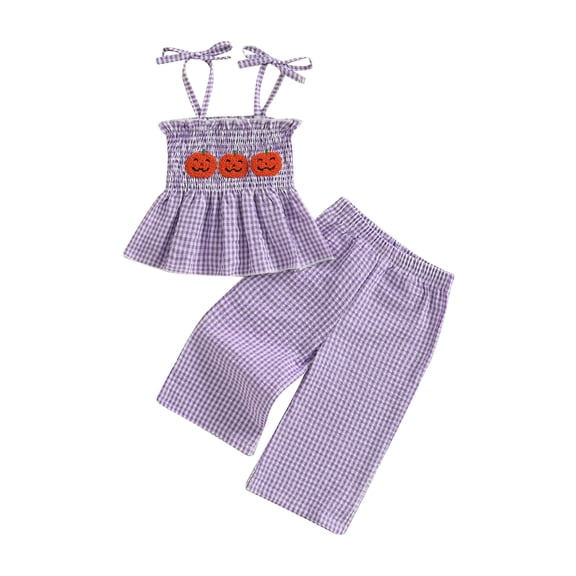 Toddler Baby Girl Halloween Christmas Outfit Smocked Spaghetti Strap Tank Top Wide Leg Pants Set