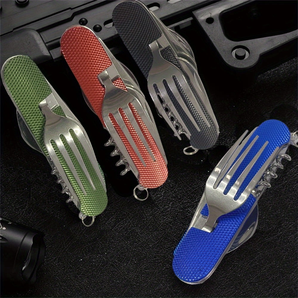 4pcs Camping Cutlery Set Folding Knife Set Stainless Steel Portable 4-in-1 Multi-Functional Outdoor Survival Travel Hiking Cutlery Set Detachable Cutlery