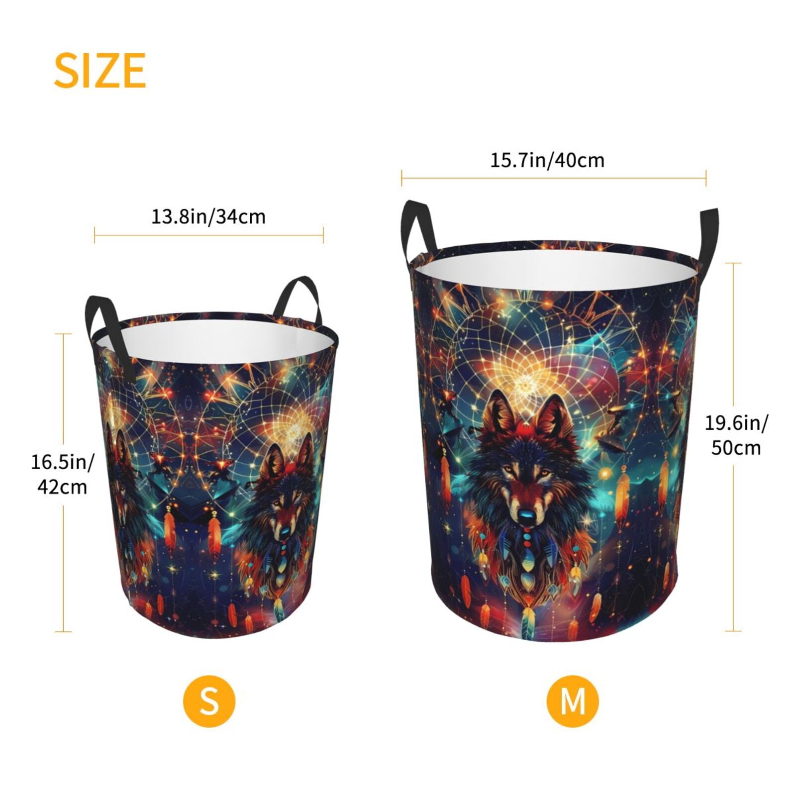 Large Laundry Basket with Handles - Mystic Wolf Dreamcatcher Kids Baby Dirty Clothes Laundry Hamper for Bedroom Aesthetic