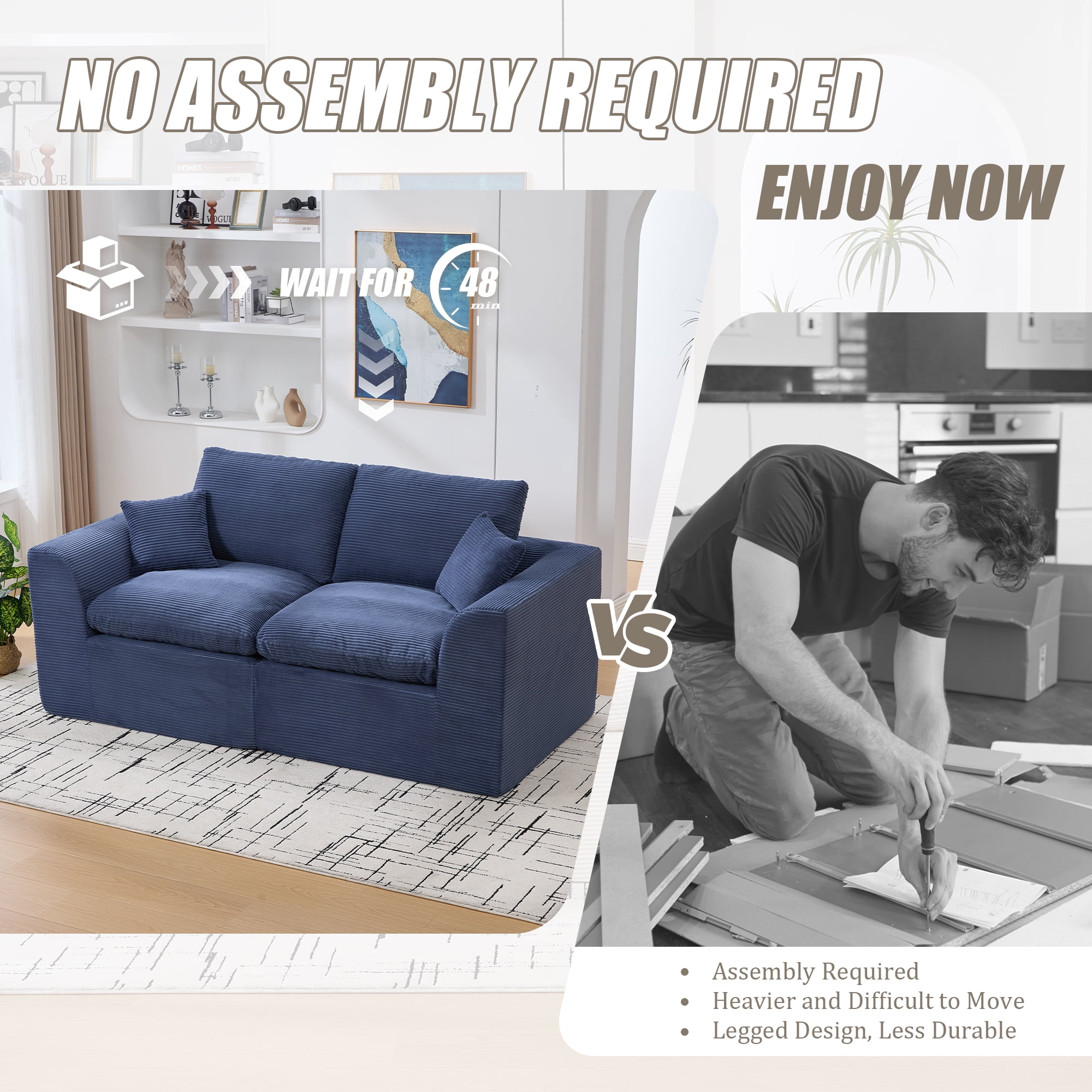 Leumius 80" Cloud Couch,Modern 2 Seater Sofa with Pillow,Upholstered Corduroy Fabric Modern Loveseat for Living Room Bedroom Apartments Dorms,No Assembly Required,Navy Blue