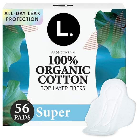 L. Ultra Thin Pads for Women, Organic Cotton Top Layer, Super Absorbency, Menstrual Pads with Wings, 56 CT
