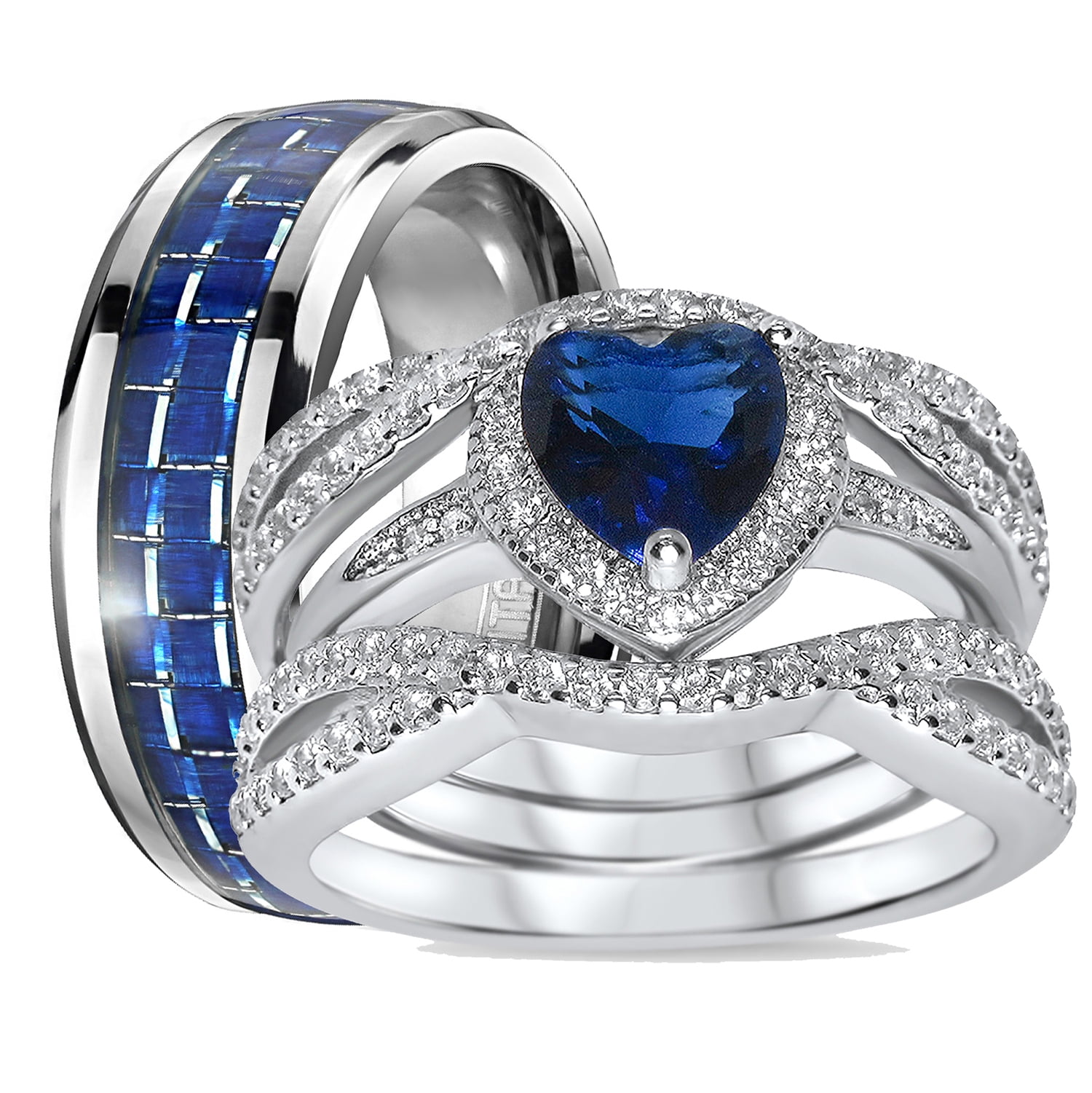 3 pc Simulated Diamond His Hers TITANIUM & SILVER Engagement Wedding Rings Set 