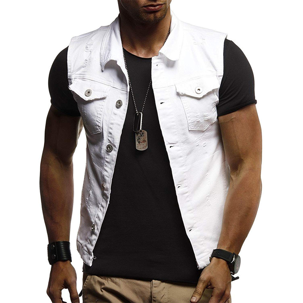 Men Ripped Jean Jacket Denim Vest 