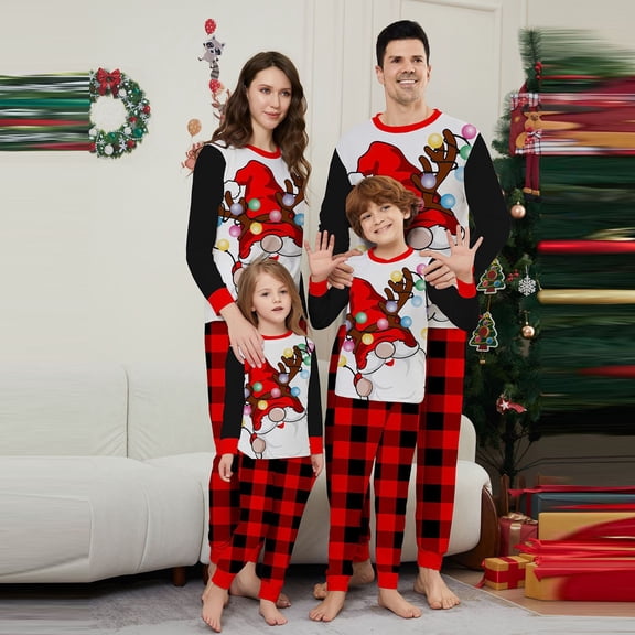 Yuaguia Family Matching Christmas Pajamas, Gnome with Christmas Lights Print Black Raglan Long Sleeve Top and Red Black Buffalo Plaid Lounge Pants Sleepwear Set, Kids 8 Years