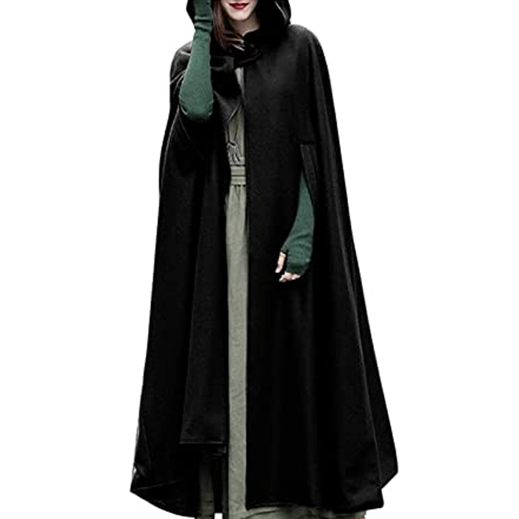 HUIJZG Women Long Cape Warm Wool Hooded Cloak Jacket Windproof Vintage
