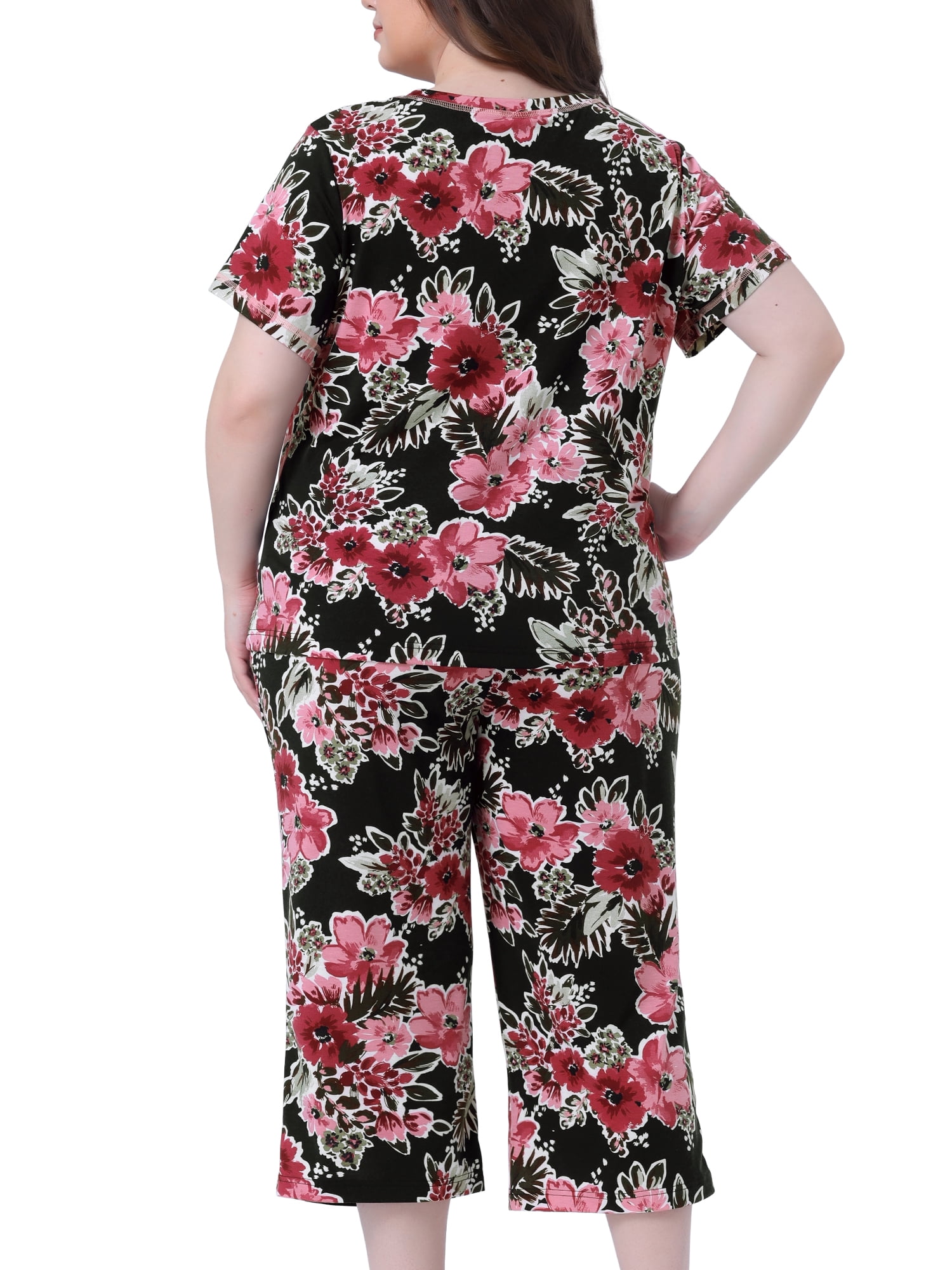 DARING DIVA Women's Plus Size 2-Piece Floral Short Sleeve Pajamas Set 3X Black