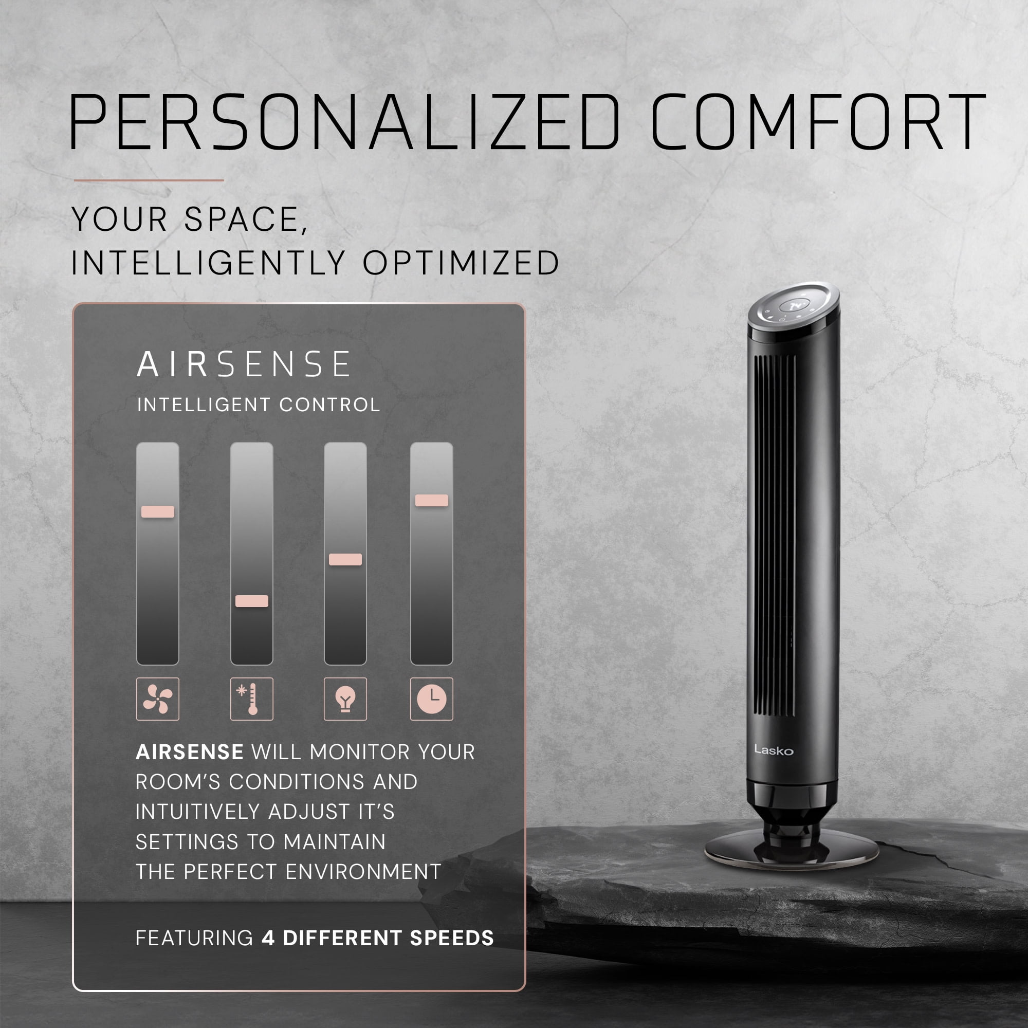 Lasko Ascend 36" 4-Speed Tower Fan 28 ft/s Airflow, 24dBA, Remote Control, Black, OST100